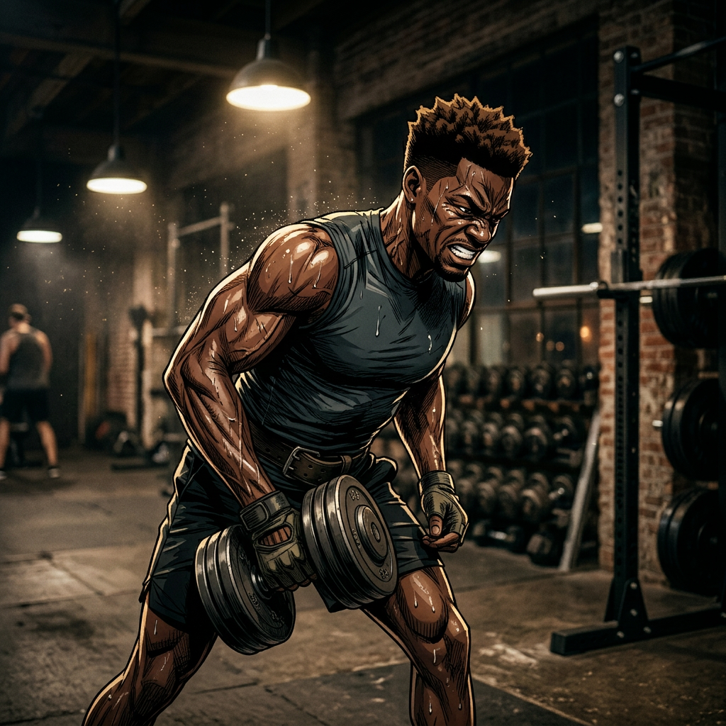Man lifting heavy dumbbells intensely in a gym