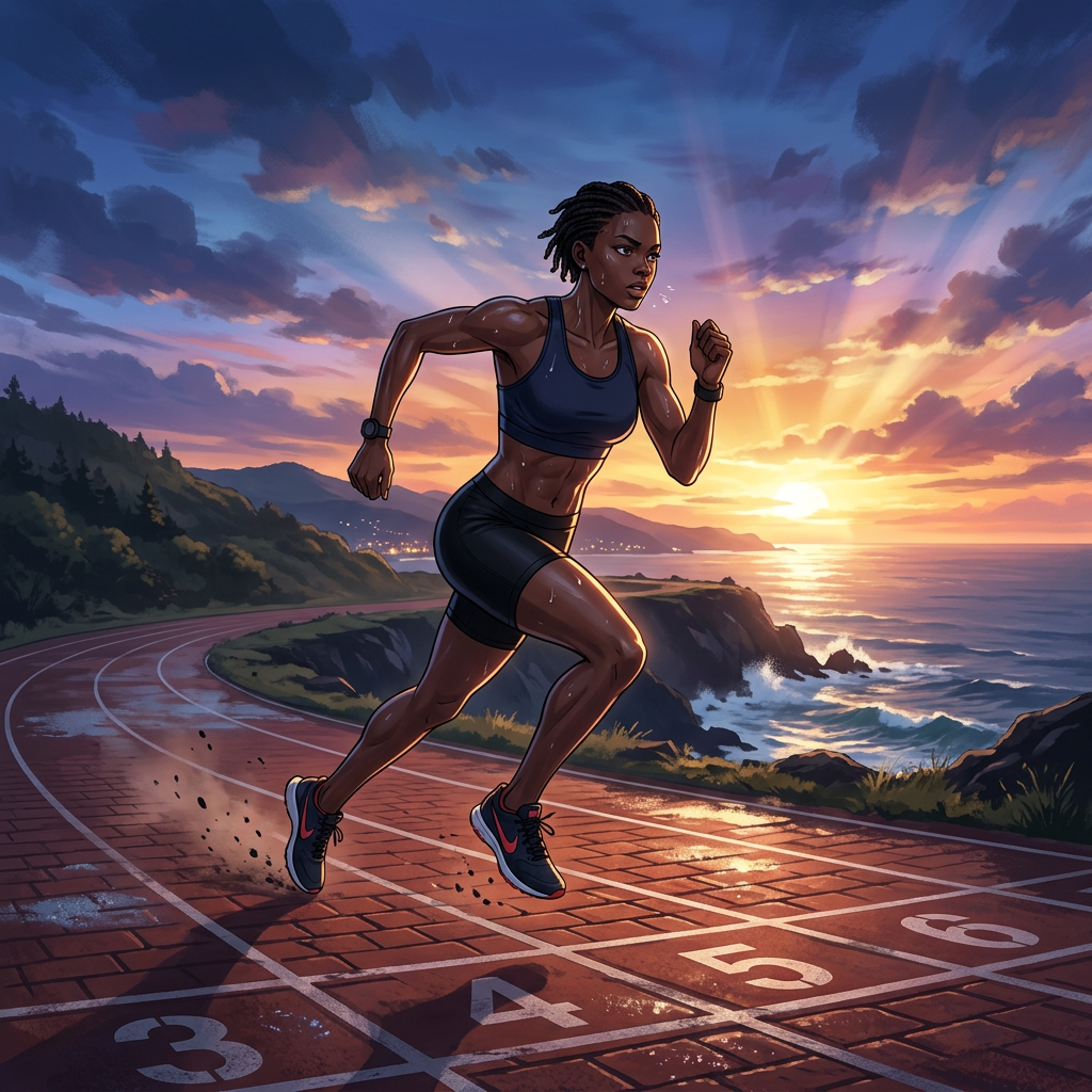 Athlete running on coastal track during sunrise with ocean and mountains in background