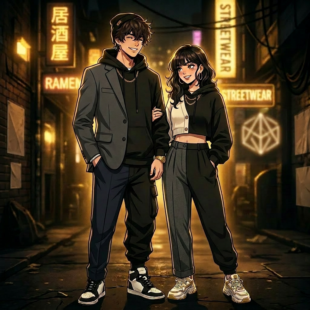 Young man and woman in black streetwear standing in a Tokyo alley at night.